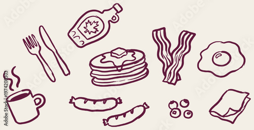Hand-drawn illustration of a delicious breakfast spread with pancakes, bacon, eggs, and coffee.