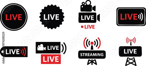 Live Streaming and Broadcasting Icon Set with Camera Video Feed and Signal Tower Symbols