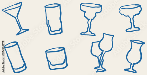 A collection of various hand-drawn cocktail glasses and drinking vessels in blue ink on a cream background.