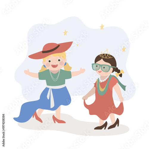 Two little funny girls. Best friends. Happy girls in dress, hat and glasses standing together. Cute small kid dressing up, trying new clothes at shopping.
