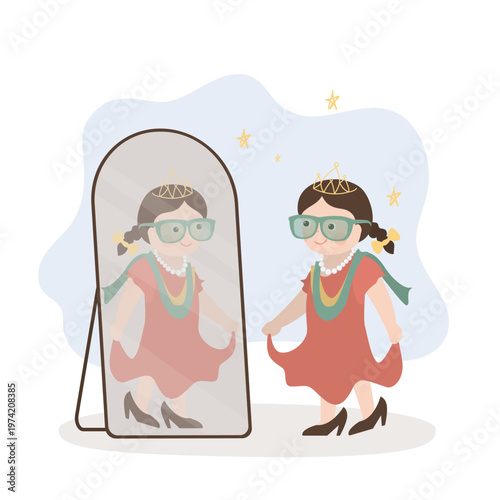 Happy girl in dress and glasses standing in front of mirror. Cute small kid dressing up, trying new clothes at shopping.