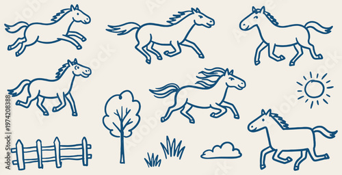Set of hand-drawn illustrations of horses in various running poses with simple farm elements.
