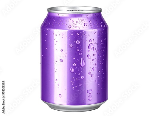 A digitally rendered, close-up image depicts a shiny, purple aluminum beverage can, covered in water droplets, isolated on a white background