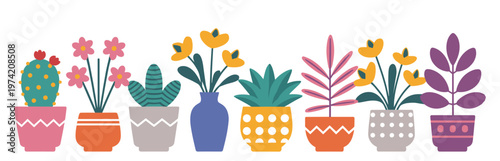 Assortment of Potted Plants with Colorful Geometric Pots on White Background succulents cactus