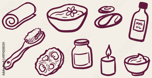 Collection of hand-drawn spa and wellness icons, including massage oil, stones, and a candle.