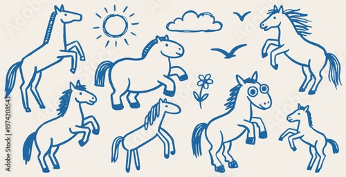 Collection of charming hand-drawn horses in various playful poses, set against a light background with simple illustrations of the sun, clouds, and a flower.