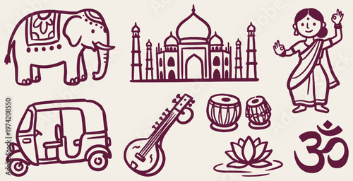 Collection of Indian cultural icons including an elephant, Taj Mahal, dancer, auto rickshaw, sitar, tabla drums, lotus flower, and Om symbol.
