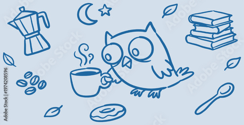 Cute cartoon owl enjoying a cup of coffee with a donut and coffee beans.