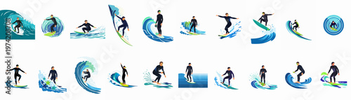 Collection of minimalist flat vector illustrations featuring male surfers in wetsuits catching various types of ocean waves.