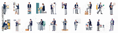 Collection of business people characters performing office tasks, filing documents, organizing paperwork, and managing administrative duties in a professional flat vector illustration style.