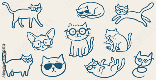 Collection of cute cartoon cats wearing glasses in various poses and expressions.