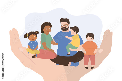  family sitting on giant hands. Man, woman and children side by side and hugging. Parents and cute kids. Friendship, happiness and family values. Insurance, social support.