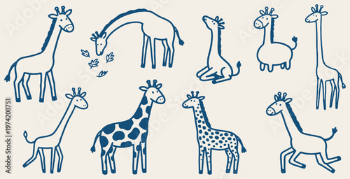 A collection of charming hand-drawn giraffes in various poses, illustrating different aspects of their nature and behavior.