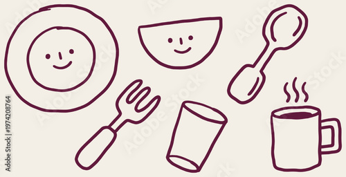 Cute hand-drawn illustration of breakfast tableware with smiling faces, including a plate, bowl, fork, spoon, cup, and coffee mug.