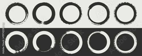 Collection of Ten Grunge Brush Stroke Circles in Black and White on Contrasting Backgrounds rings