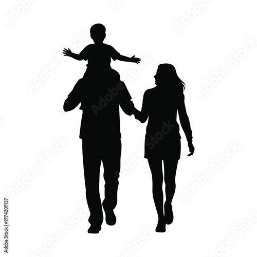 Silhouette of family walking, father with child on shoulders, representing unity and parental care, on shoulders