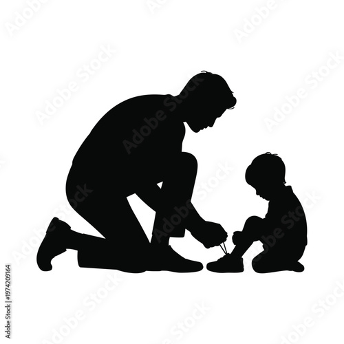 Silhouette of father tying shoelaces for his son, symbolizing nurturing, care, and parental guidance