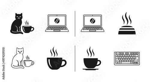 Cute cats and hot beverages alongside laptops and keyboards for a cozy work session