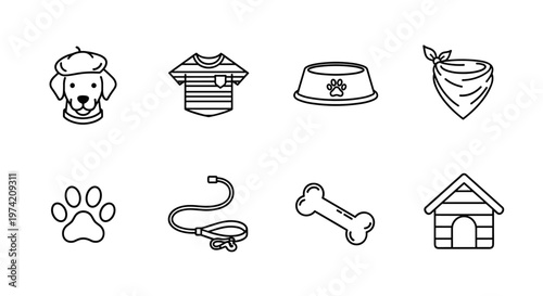 Collection of cute dog-related icons including a dog wearing a beret and various accessories