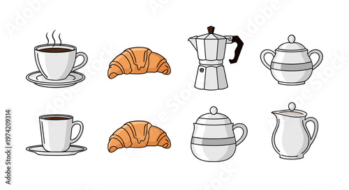 A delightful breakfast spread featuring coffee, croissants, and serving ware