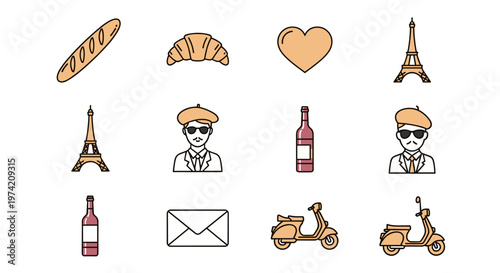 Collection of iconic French symbols and elements in a flat design style