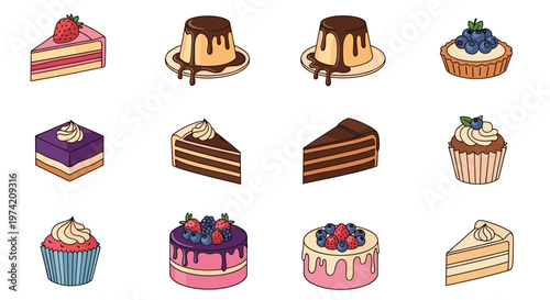 Collection of delicious cartoon desserts and sweet treats