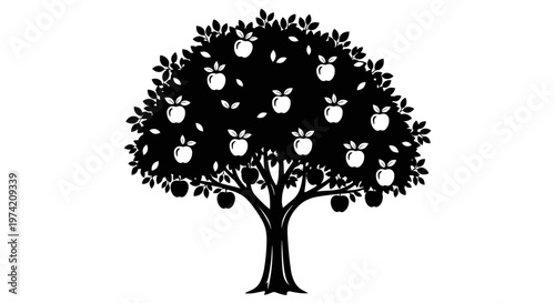 Stylized black silhouette of a mature apple tree laden with ripe fruit and leaves