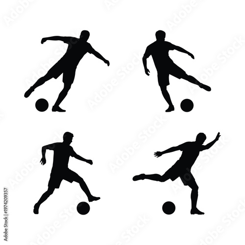 Soccer players silhouette in action with ball, dynamic illustration of football