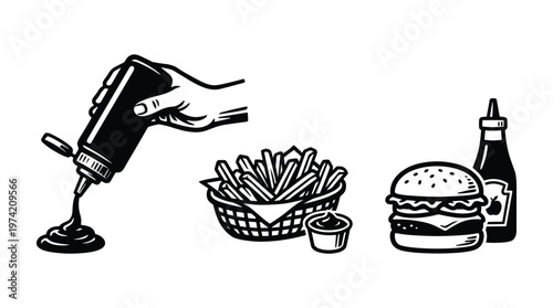 Fast food meal set with burger french fries and ketchup bottle icon.
