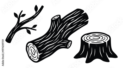 Set of three wood elements for design lumber, branch and tree stump.