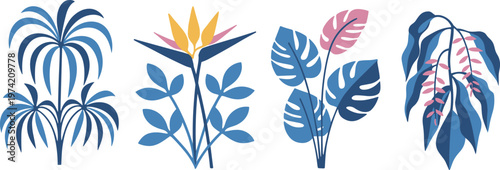 Stylized Tropical Plants And Flowers In Blue And Pink Tones On White Background illustration