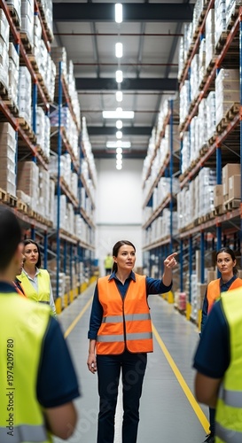 Female supervisor giving instructions to warehouse workers in a large distribution center.