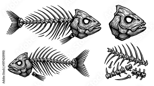 Vintage fish skeleton collection showing detailed anatomy and bones.