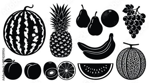 Tropical fruit variety silhouettes including watermelon and pineapple.