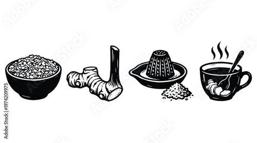 Ginger tea preparation steps with fresh root and bowl of grated spice.