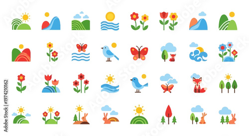 Colorful nature icons featuring suns flowers animals and landscapes on transparent background