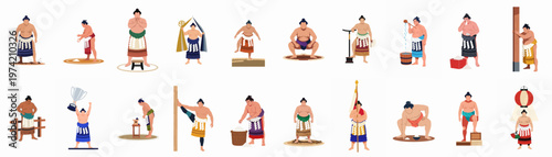 Flat vector illustration collection of Japanese sumo wrestlers in various traditional poses, ceremonial rituals, and athletic training activities.