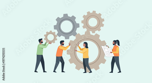Teamwork assembling gears, business collaboration, strategy, and project management concept.