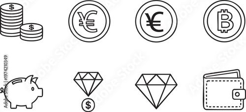 Finance and Currency Icon Set with Dollar Coins Bitcoin Wallet and Diamond Wealth Symbols