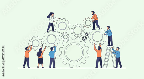 Teamwork assembling gears, business collaboration, strategy, and success concept