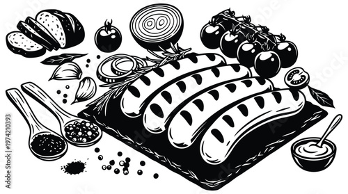 Black silhouette of sausages bread and vegetables food platter.