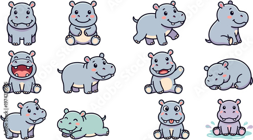 Cute Baby Hippo Cartoon Set with Various Poses Kawaii Style