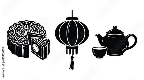 Traditional mooncake lantern and tea set vector for autumn festival.