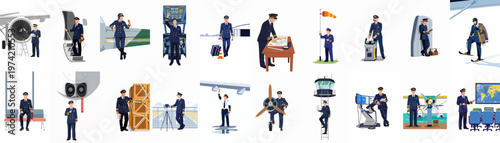 Comprehensive collection of airline pilot character illustrations depicting various professional duties, including flight planning, cockpit operations, maintenance inspections, and ground logistics.