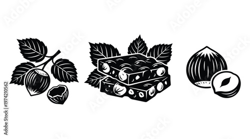 Hazelnuts and chocolate bars with leaves in classic woodcut art style.