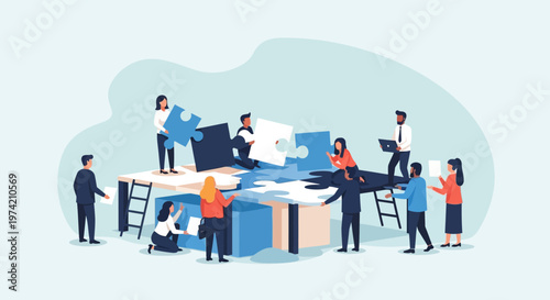Teamwork assembling puzzle pieces on table, business collaboration, strategy, problem solving concept