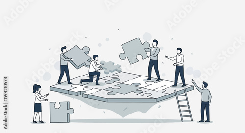 Teamwork assembling puzzle pieces on floating platform, business collaboration concept