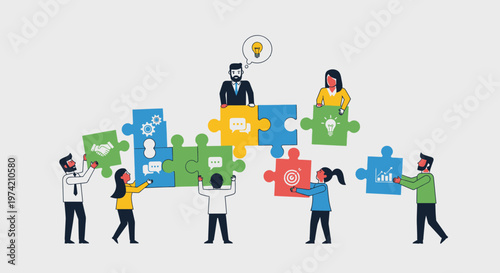 Teamwork assembling puzzle pieces with business icons, collaboration and strategy concept