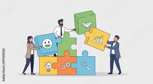 Teamwork assembling puzzle pieces with business icons: idea, gears, search, handshake, growth