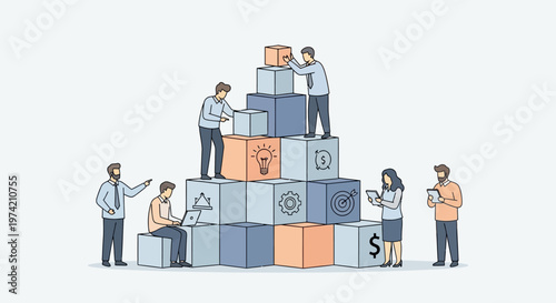 Teamwork building business success pyramid with icons of idea, finance, target, gear, and growth